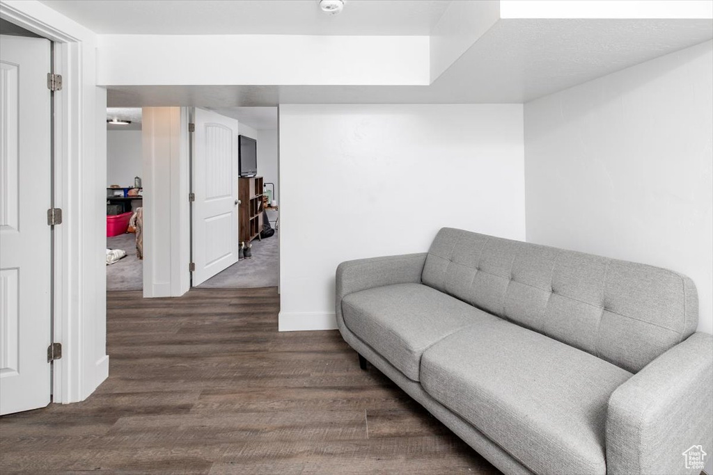 Living room featuring dark hardwood / wood-style flooring and a skylight