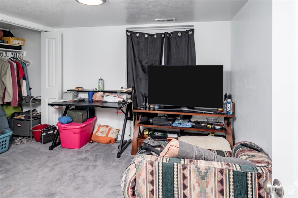 Carpeted bedroom featuring a textured ceiling