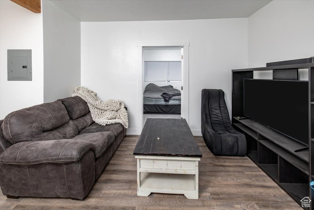 Living room featuring dark wood-type flooring and electric panel