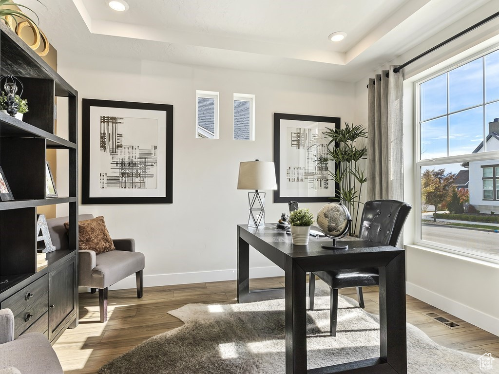 Office space with a tray ceiling and hardwood / wood-style floors