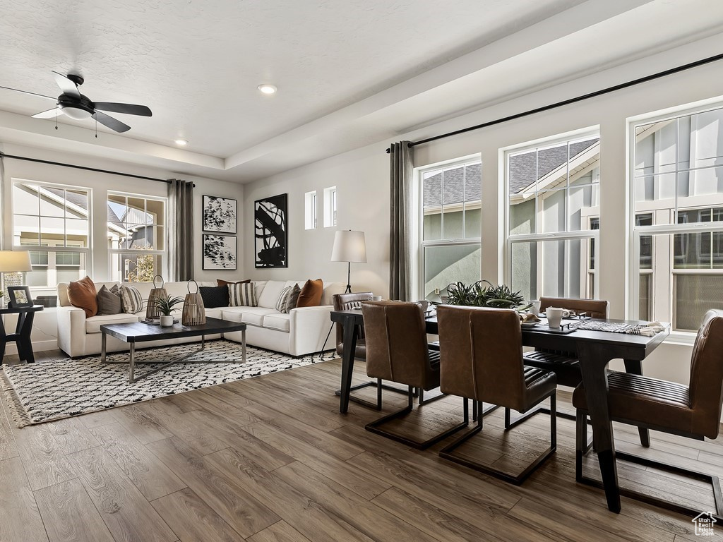 Dining room with ceiling fan, a raised ceiling, and dark wood-type flooring