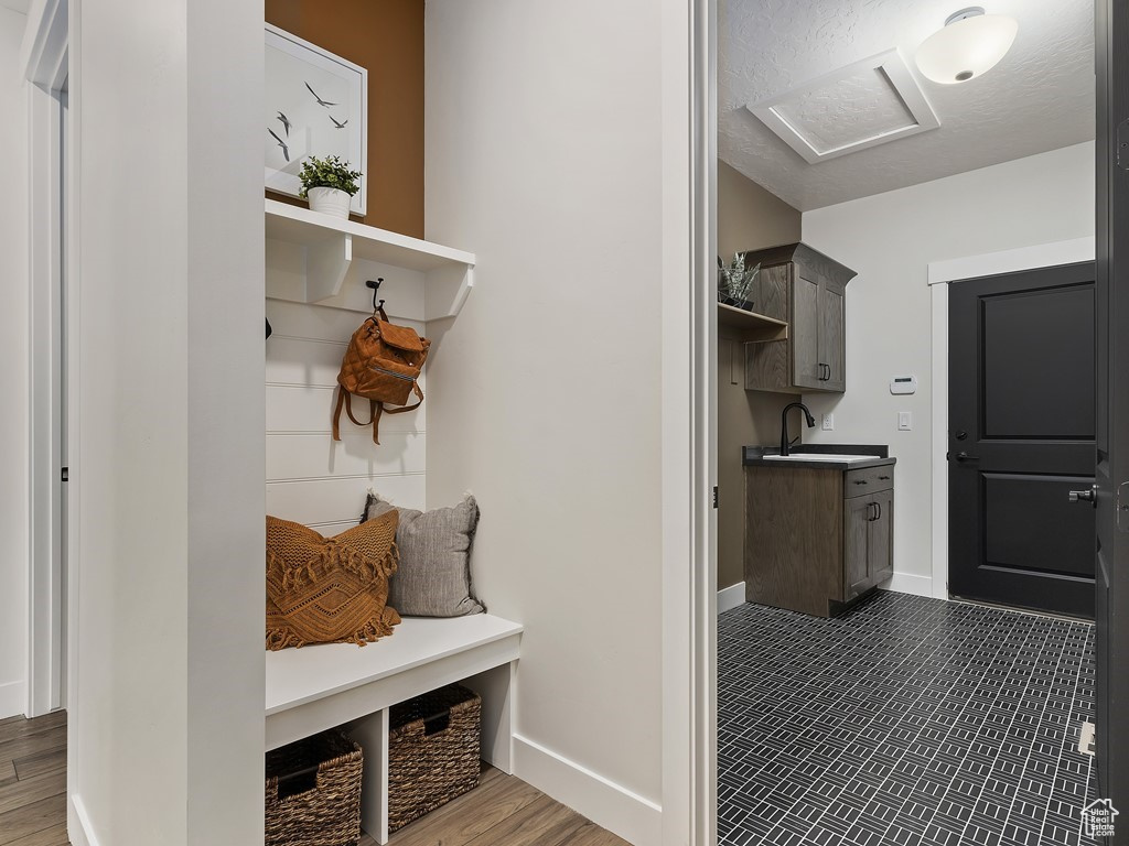 Mudroom featuring sink and dark hardwood / wood-style floors