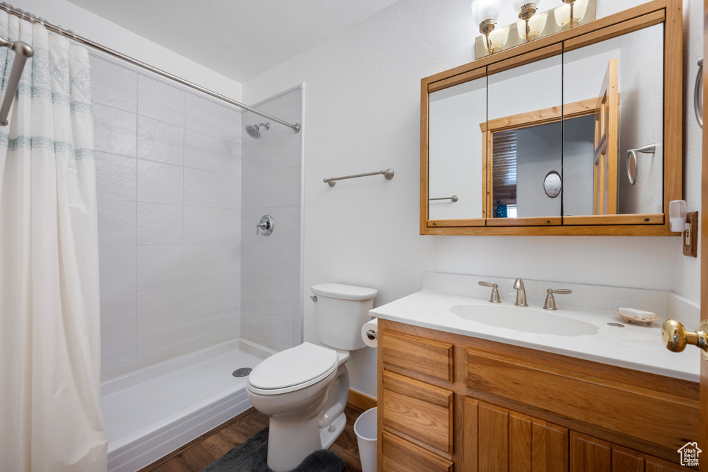 Bathroom featuring wood-type flooring, toilet, vanity, and a shower with shower curtain