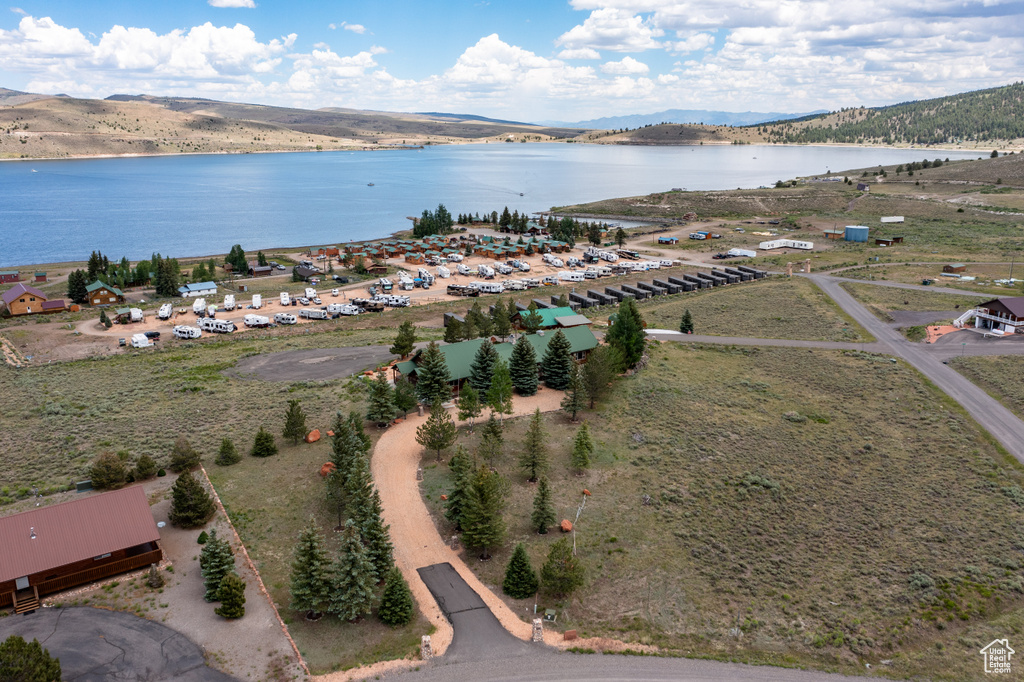 Aerial view with a water and mountain view