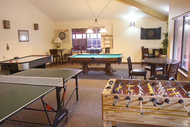 Game room featuring carpet floors, lofted ceiling with beams, and billiards