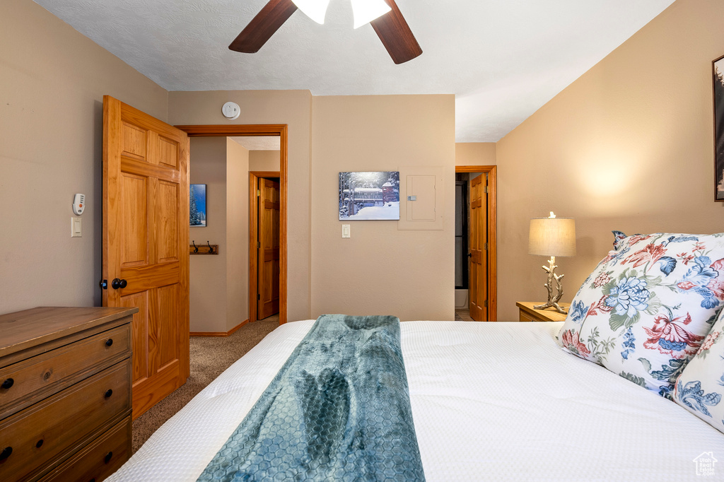 Bedroom with ceiling fan and carpet floors