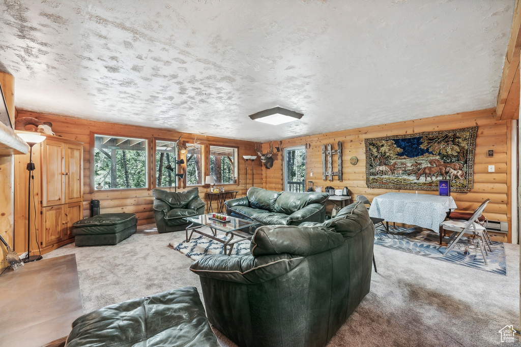 Living room with wooden walls, rustic walls, and carpet floors