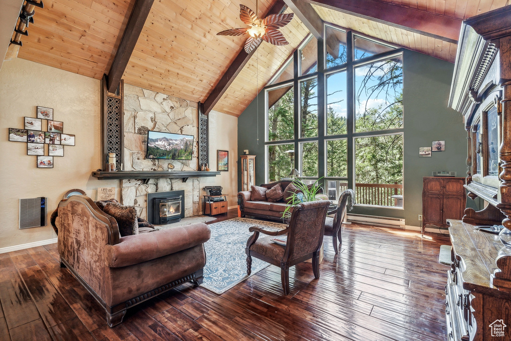 Living room featuring high vaulted ceiling, beamed ceiling, wood-type flooring, and wood ceiling