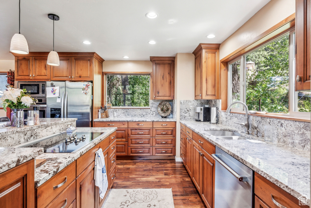 Kitchen with stainless steel appliances, tasteful backsplash, dark hardwood / wood-style floors, and a healthy amount of sunlight