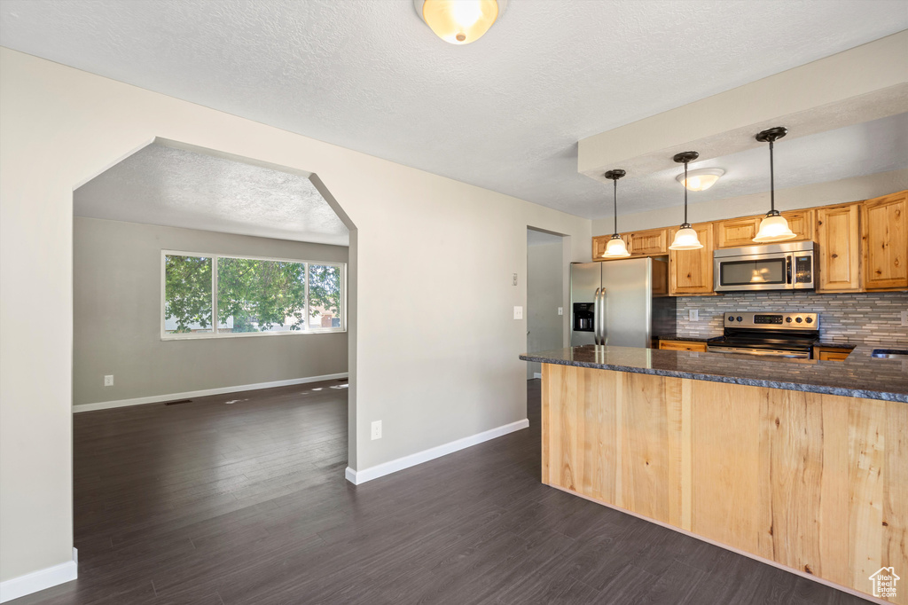 Kitchen featuring tasteful backsplash, stainless steel appliances, decorative light fixtures, a textured ceiling, and dark wood-type flooring