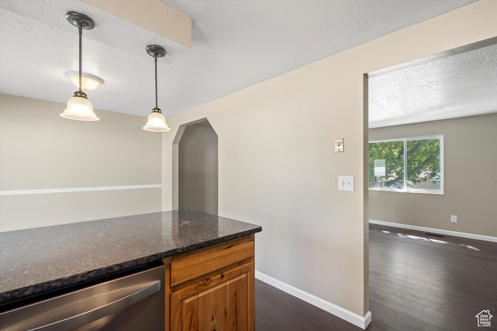 Kitchen with stainless steel dishwasher, decorative light fixtures, dark hardwood / wood-style flooring, dark stone countertops, and a textured ceiling