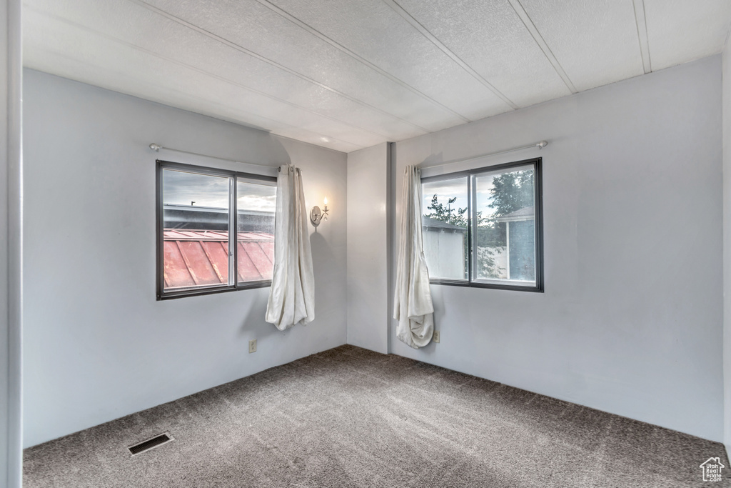 Carpeted spare room with a textured ceiling and plenty of natural light