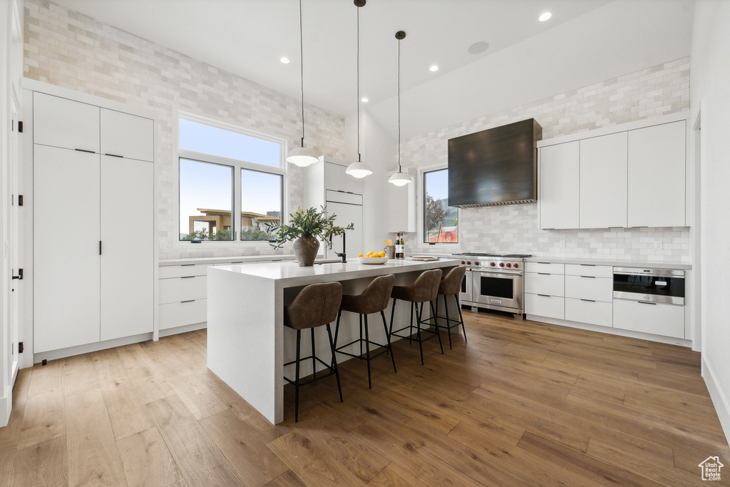 Kitchen featuring white cabinetry, stainless steel appliances, light wood-type flooring, and wall chimney range hood