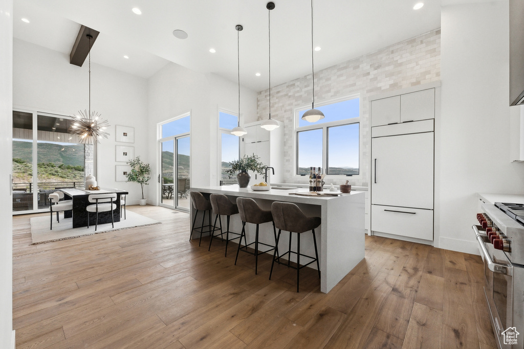 Kitchen with decorative light fixtures, high end appliances, light hardwood / wood-style flooring, a wealth of natural light, and a towering ceiling