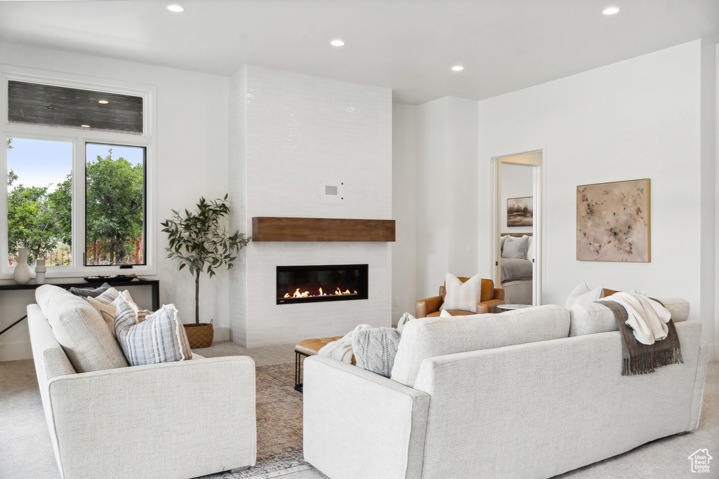 Living room featuring a fireplace and carpet