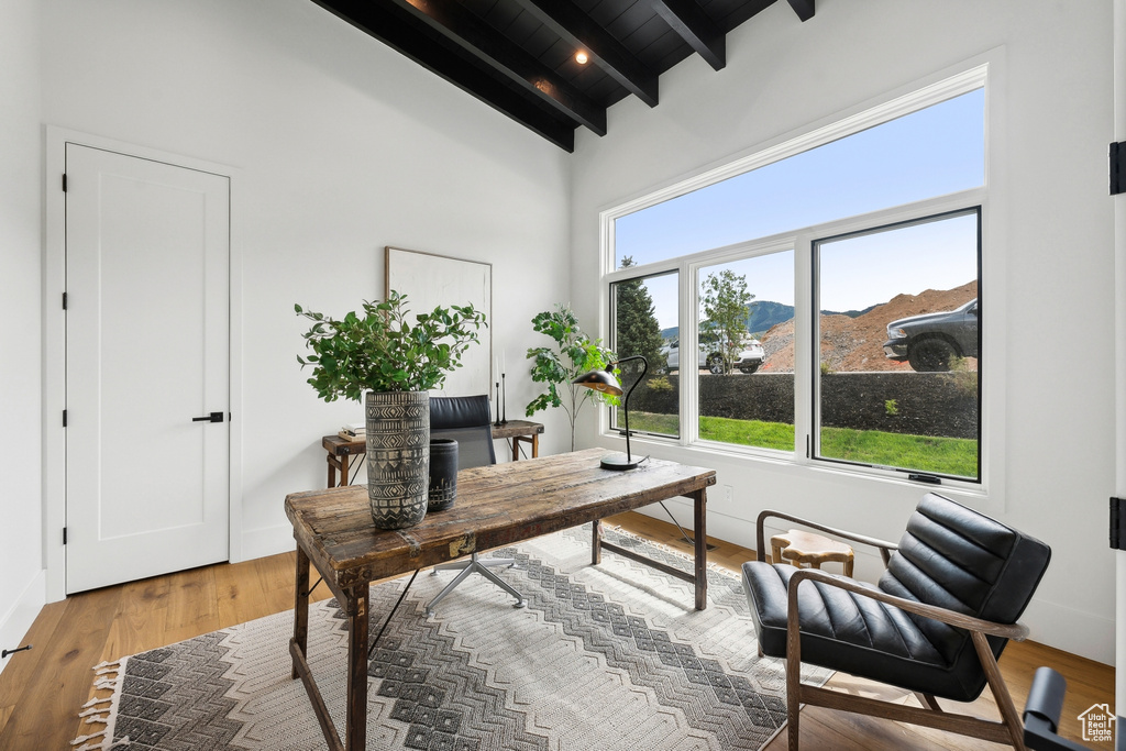 Office featuring a healthy amount of sunlight, high vaulted ceiling, light hardwood / wood-style floors, and beam ceiling