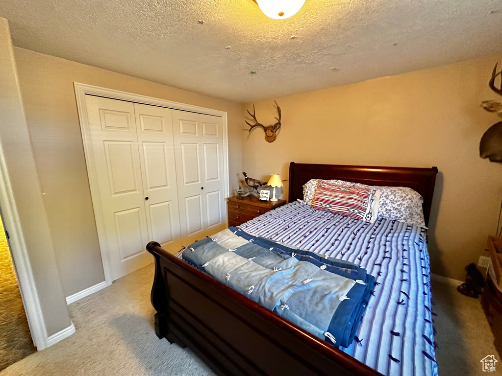 Bedroom with a closet, carpet floors, and a textured ceiling