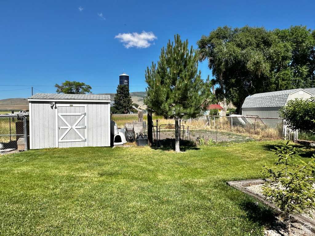 View of yard featuring a shed