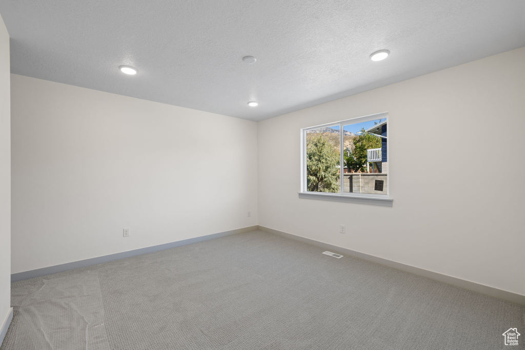 Carpeted spare room with a textured ceiling