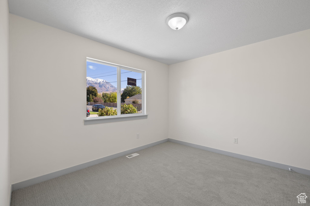 Carpeted empty room with a textured ceiling