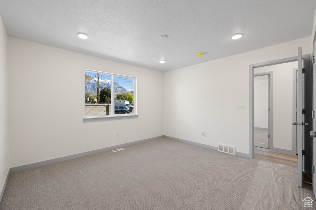 Spare room with a textured ceiling and light colored carpet