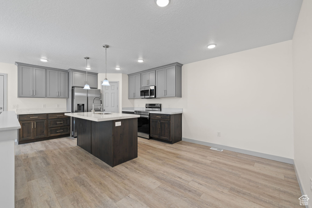 Kitchen with an island with sink, appliances with stainless steel finishes, light hardwood / wood-style flooring, pendant lighting, and sink