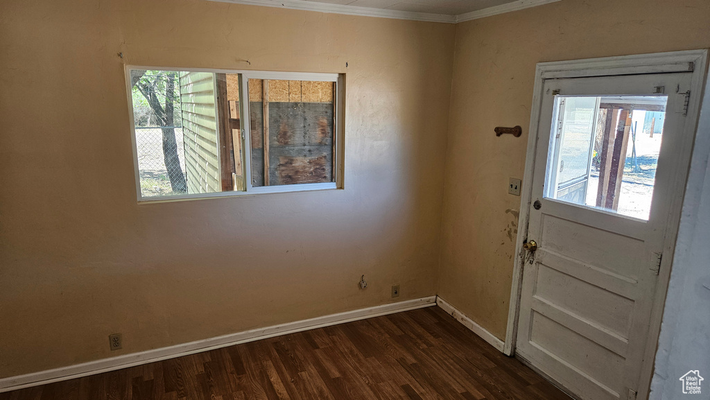 Doorway to outside with dark hardwood / wood-style floors, crown molding, and a wealth of natural light