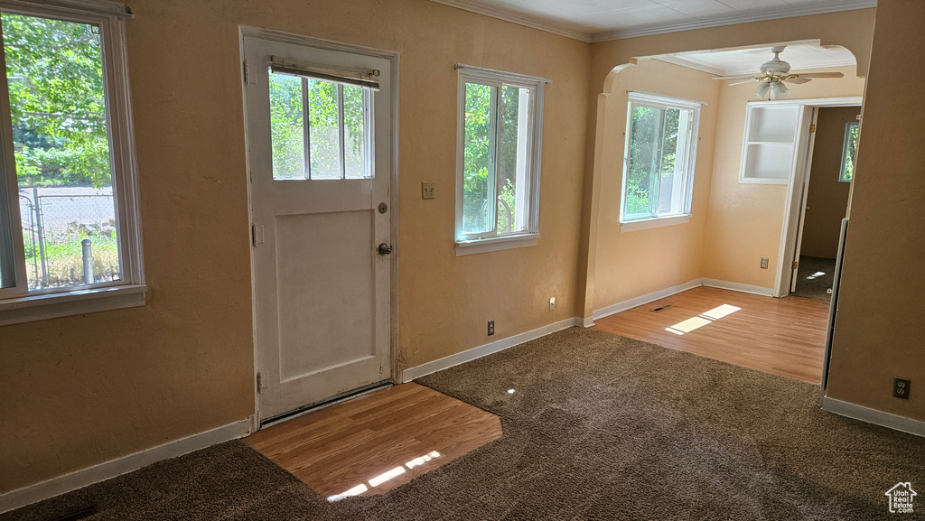 Foyer entrance featuring ornamental molding, ceiling fan, and hardwood / wood-style floors