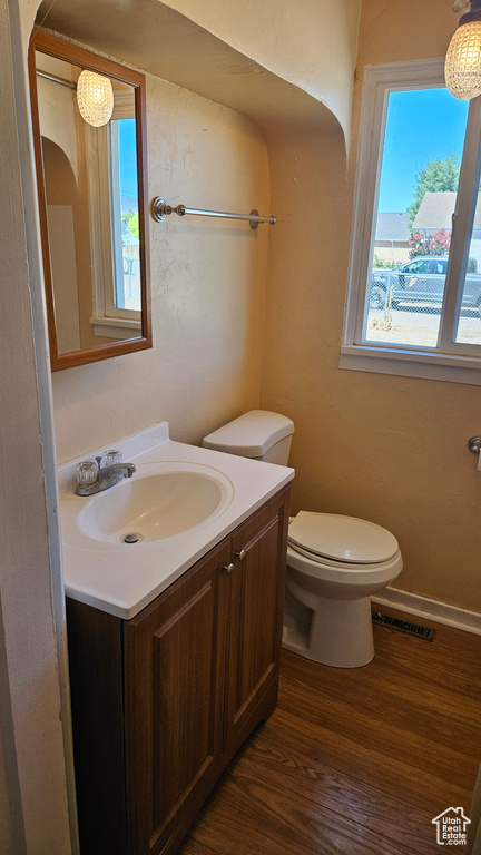 Bathroom with vanity, toilet, and hardwood / wood-style floors