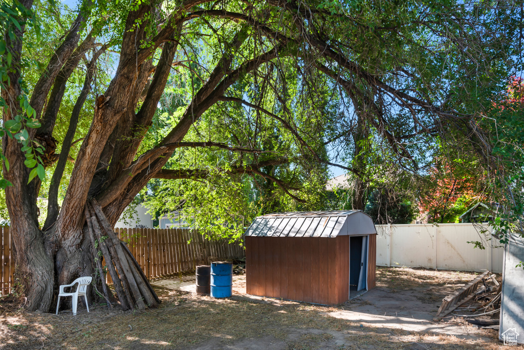 View of yard with a storage unit