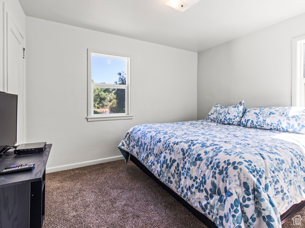 Bedroom with dark colored carpet