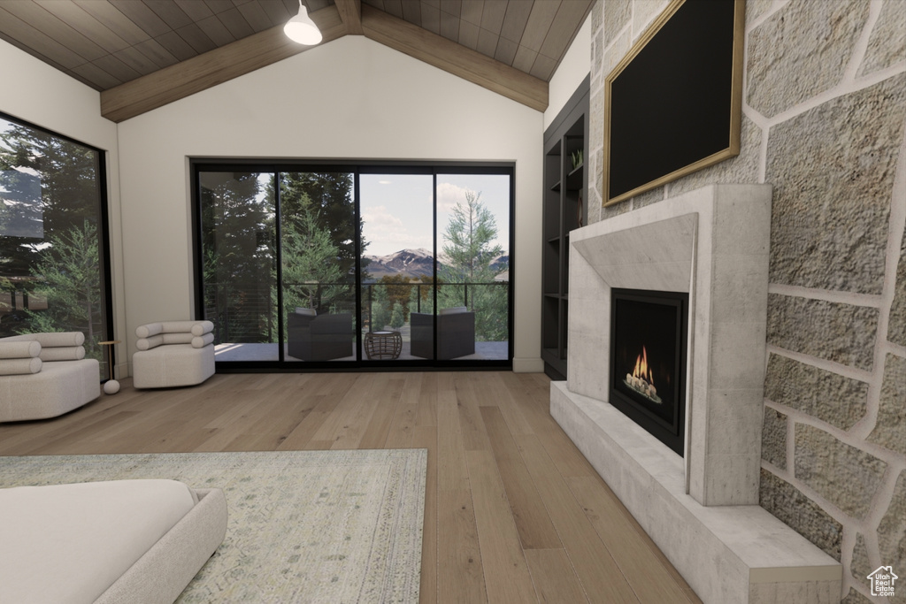 Unfurnished living room featuring a high end fireplace, wooden ceiling, light hardwood / wood-style floors, and beam ceiling