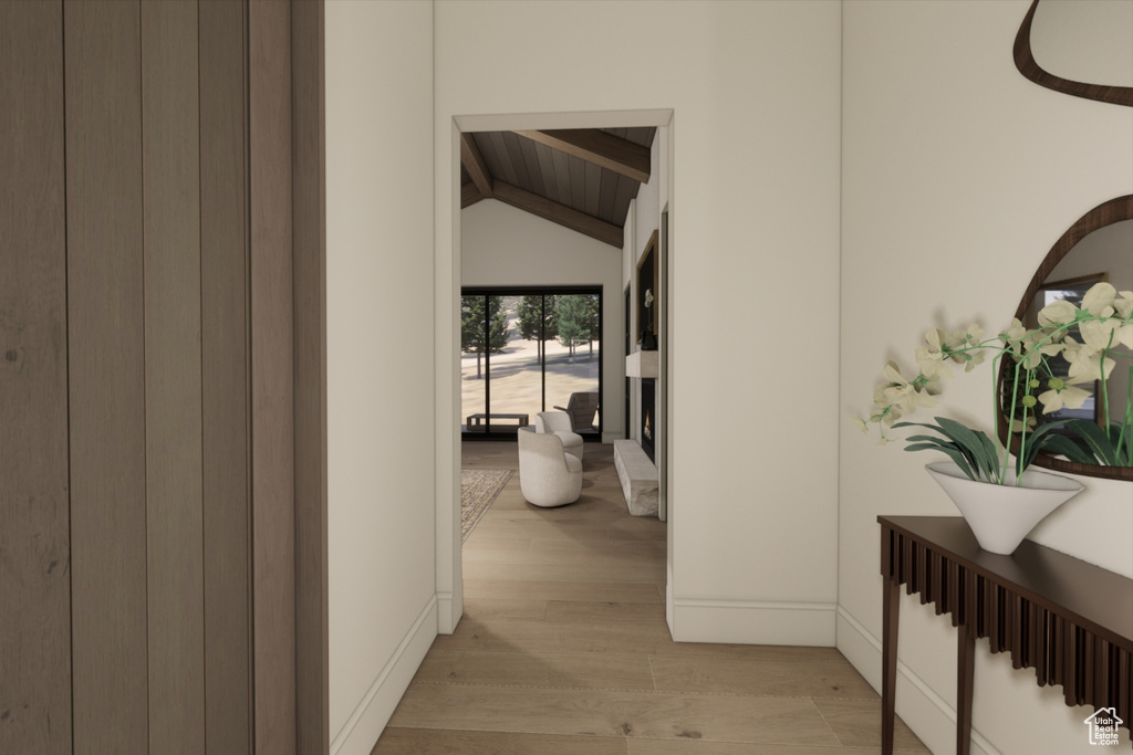 Corridor featuring vaulted ceiling with beams, wooden ceiling, and light hardwood / wood-style floors