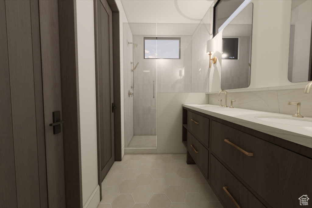 Bathroom with double vanity and tile patterned floors