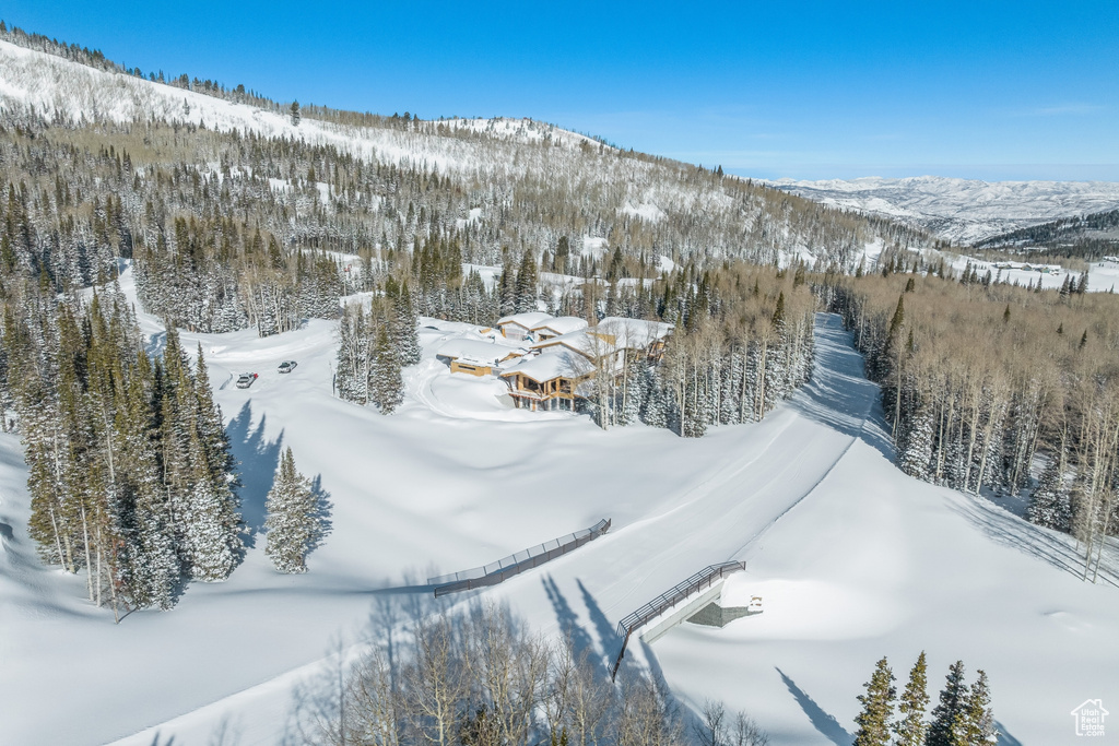 Snowy aerial view with a mountain view