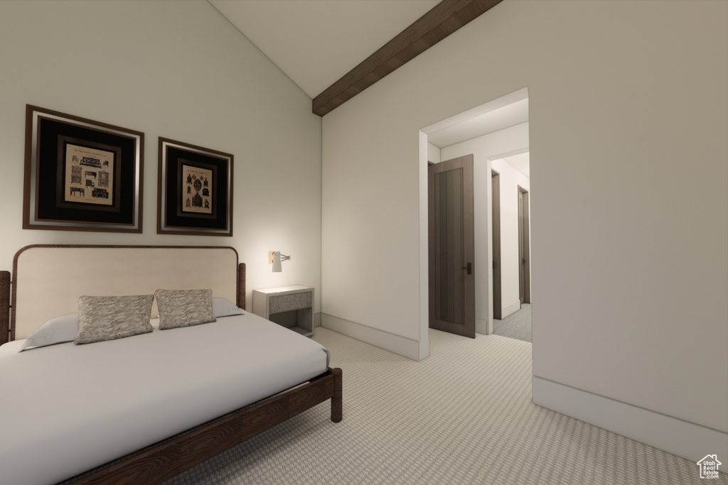 Bedroom featuring carpet floors and vaulted ceiling with beams