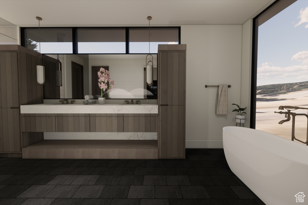 Bathroom featuring a healthy amount of sunlight, tile patterned flooring, a bath, and floor to ceiling windows