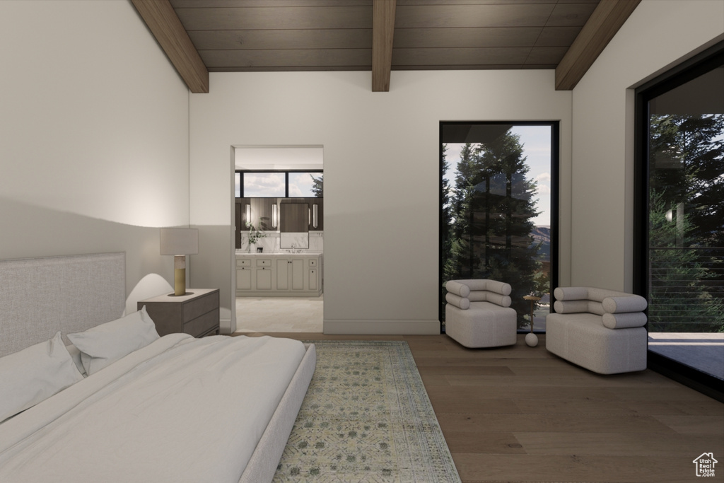 Bedroom with beam ceiling, wood-type flooring, wood ceiling, and ensuite bathroom