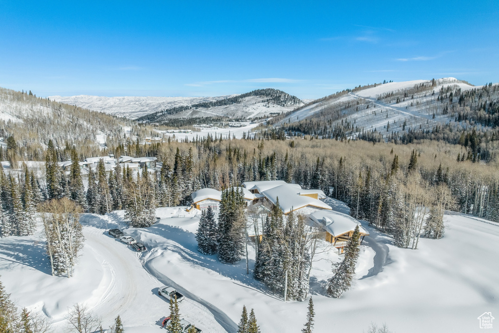 Snowy aerial view with a mountain view