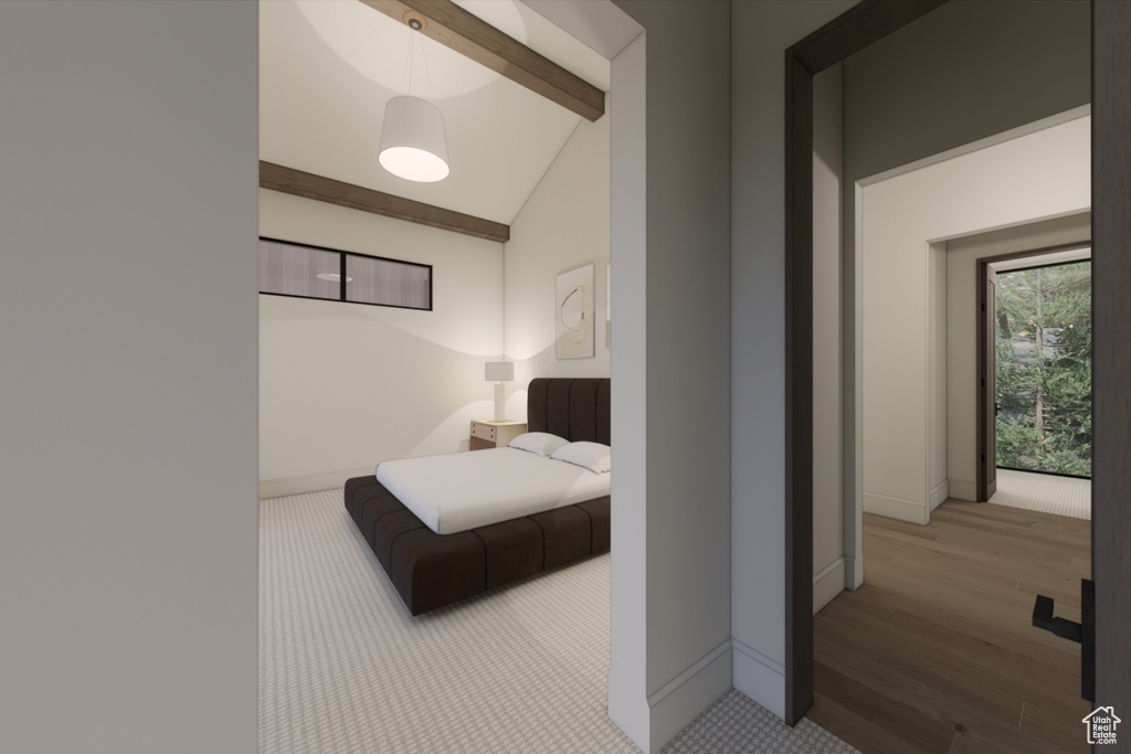 Bedroom with vaulted ceiling with beams and wood-type flooring