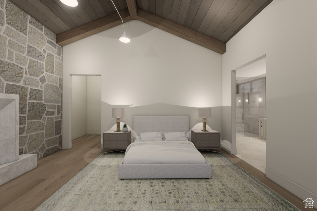 Bedroom with beam ceiling, wood-type flooring, high vaulted ceiling, and wooden ceiling