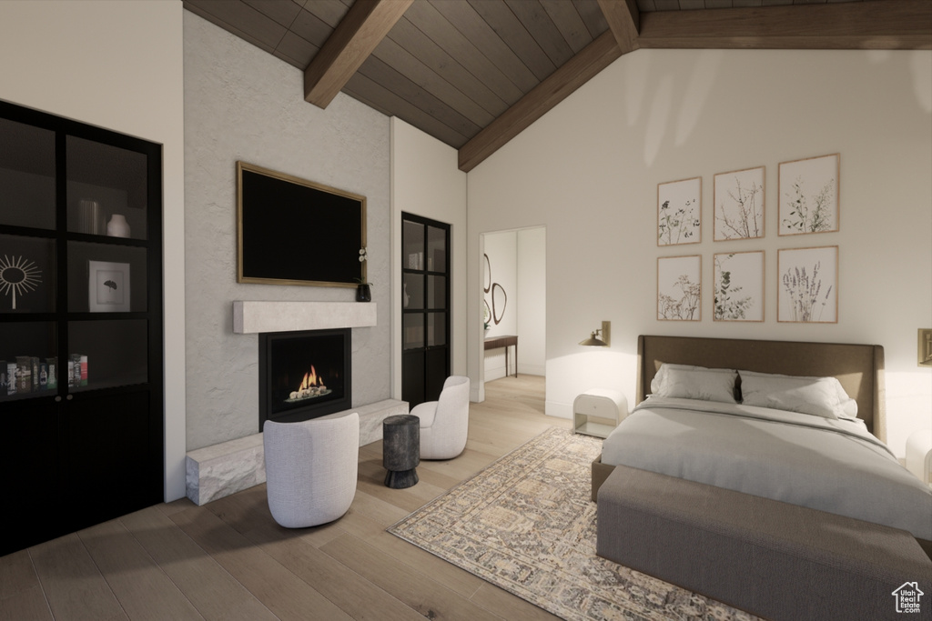 Bedroom with beam ceiling, wooden ceiling, wood-type flooring, and high vaulted ceiling