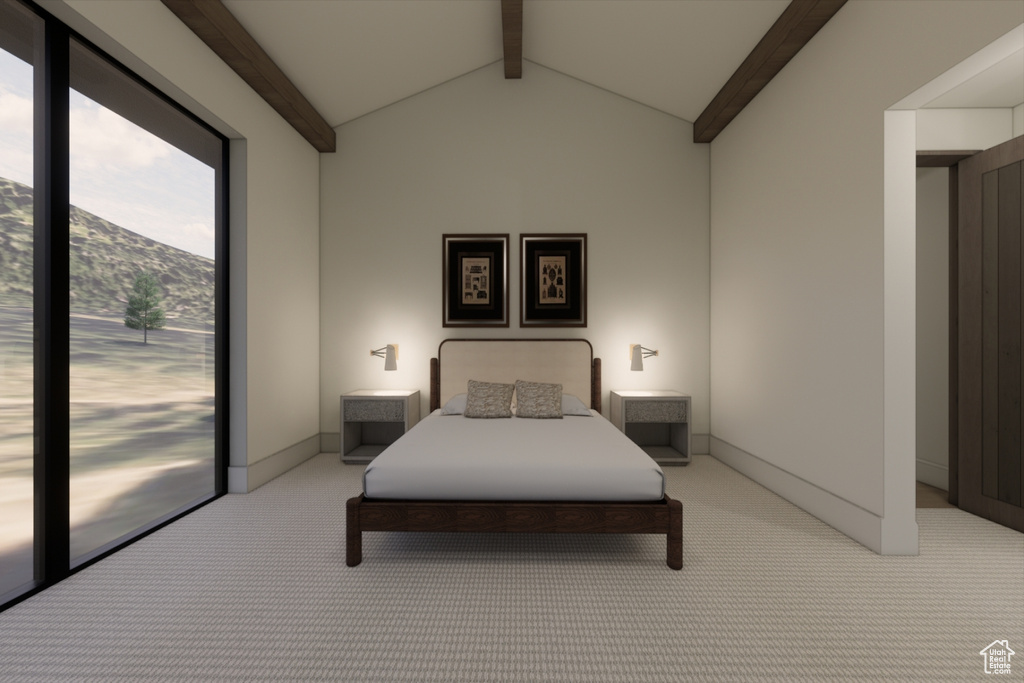 Bedroom with a mountain view, carpet floors, and lofted ceiling with beams