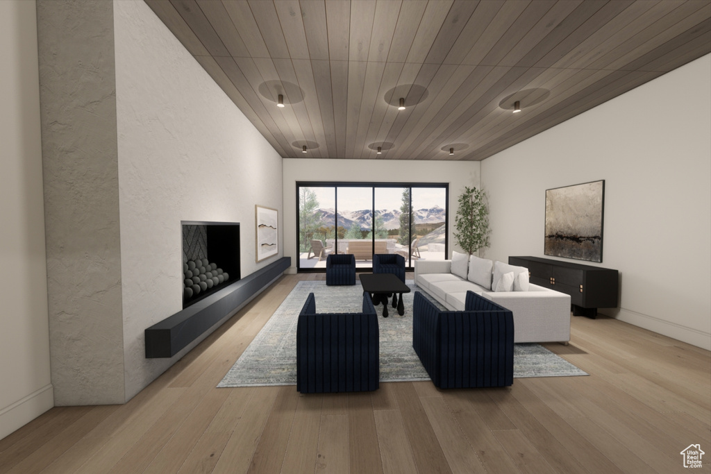 Living room featuring wood ceiling and light wood-type flooring