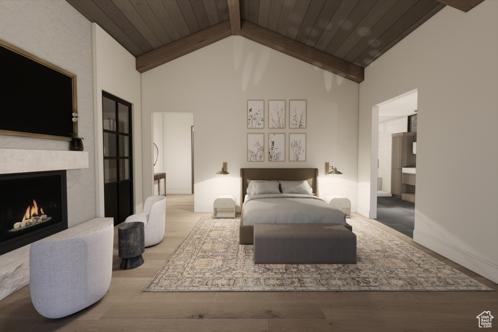 Bedroom featuring beam ceiling, connected bathroom, wooden ceiling, hardwood / wood-style flooring, and high vaulted ceiling