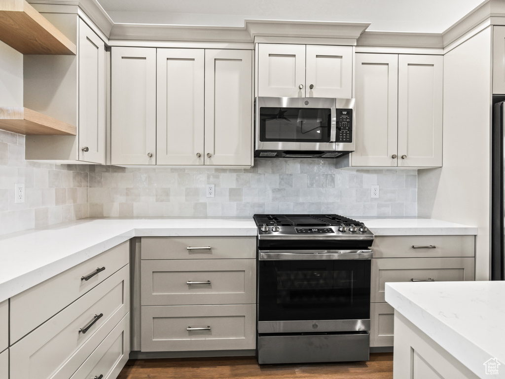 Kitchen with backsplash, dark hardwood / wood-style floors, and stainless steel appliances