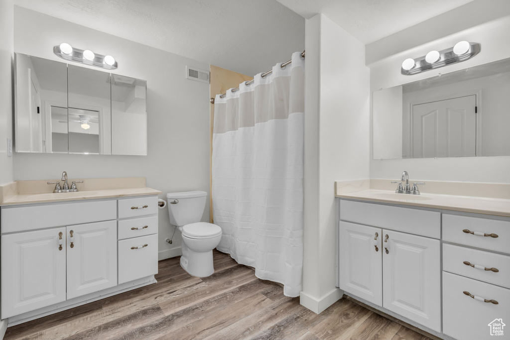 Bathroom with vanity, toilet, and hardwood / wood-style floors