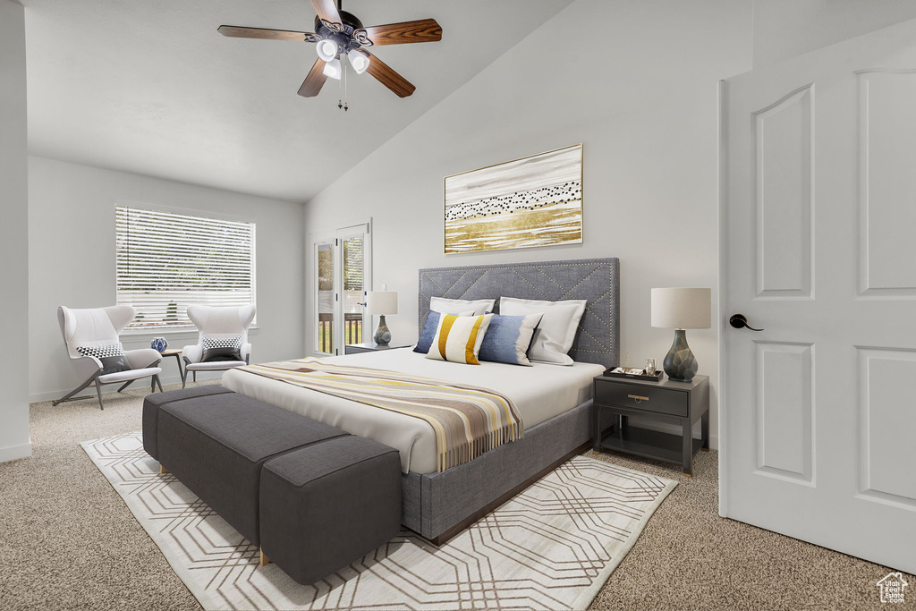 Bedroom with light colored carpet, ceiling fan, and high vaulted ceiling