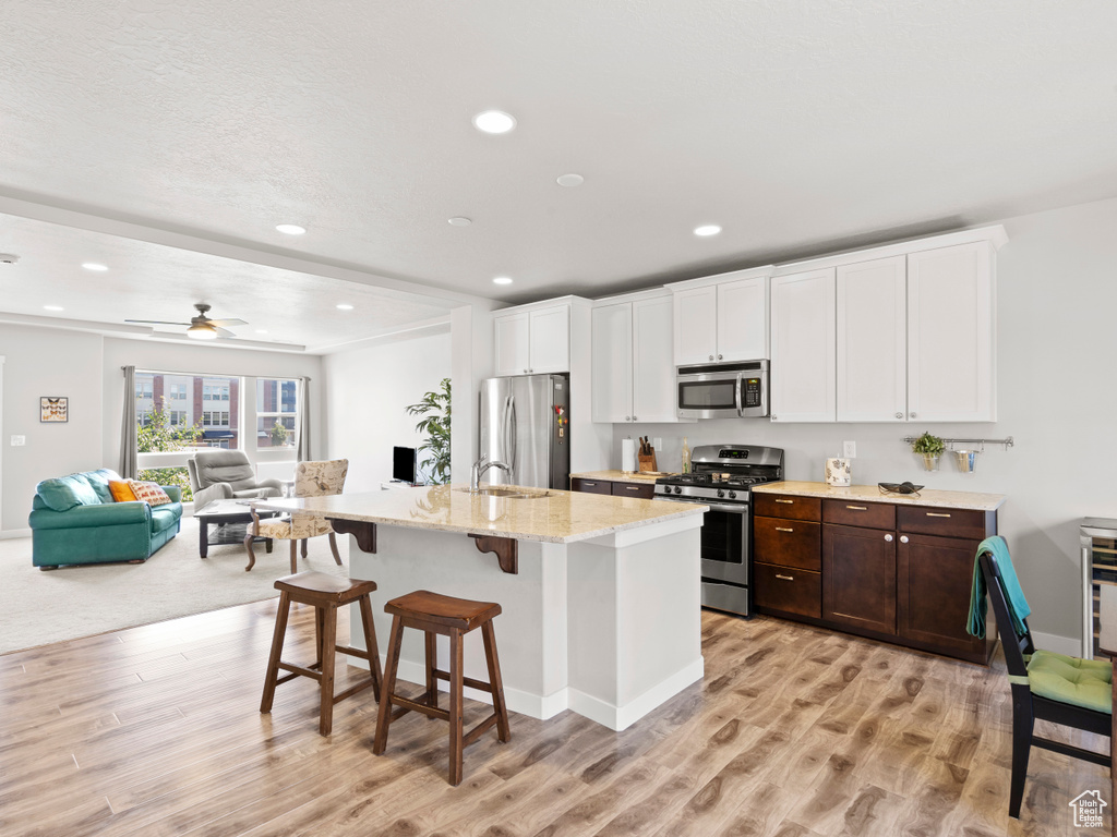 Kitchen featuring white cabinetry, ceiling fan, stainless steel appliances, light hardwood / wood-style floors, and a kitchen island with sink