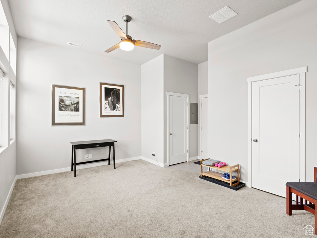 Misc room with ceiling fan, carpet flooring, and electric panel